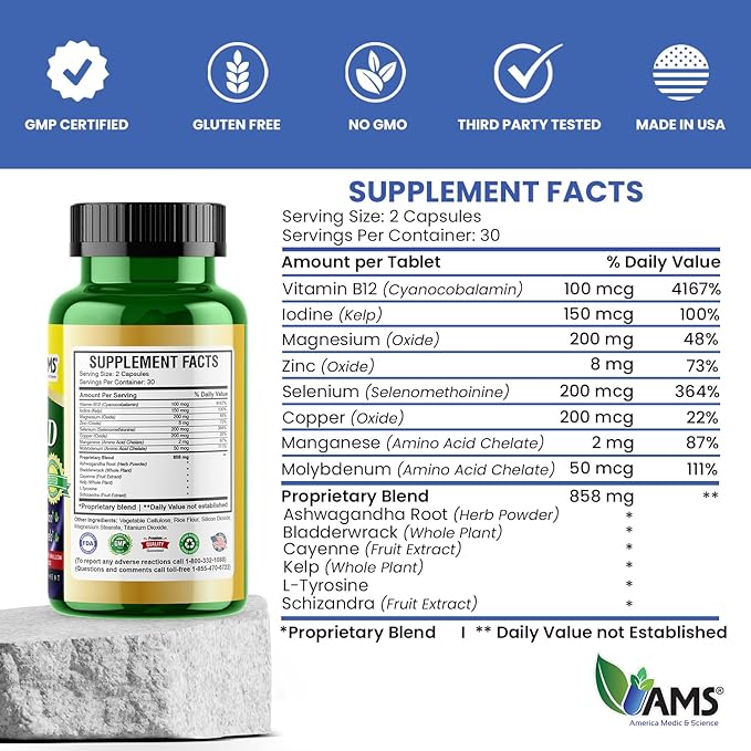America Medic & Science Advanced Thyroid (60 Capsules) | Thyroid Support for Men and Women | Mood and Energy Booster Supplement | with Natural Ashwagandha, Iodine, Selenium, and Vitamin B12