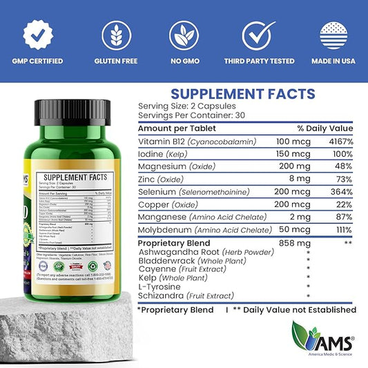America Medic & Science Advanced Thyroid (60 Capsules) | Thyroid Support for Men and Women | Mood and Energy Booster Supplement | with Natural Ashwagandha, Iodine, Selenium, and Vitamin B12