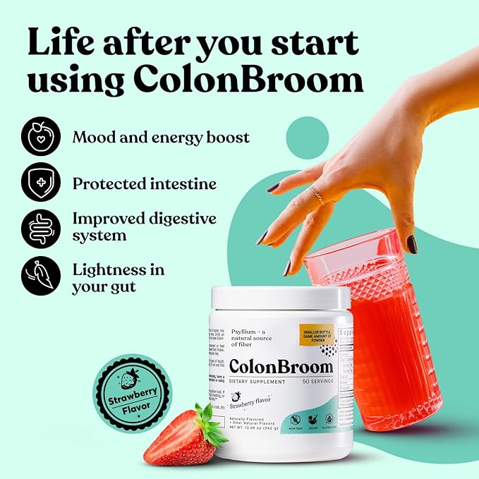 ColonBroom Psyllium Husk Powder (Strawberry) - Colon Cleanse for Bloating Relief & Gut Health - Colon Broom Fiber Powder Drink - Vegan, Gluten Free, Non-GMO Fiber Powder Supplement, 100 Servings