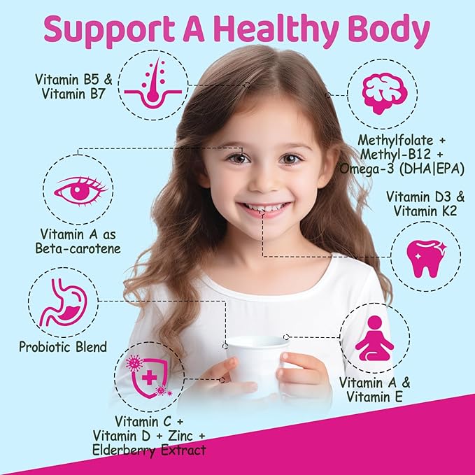 Kids Methylated Multivitamin - Chewable Multivitamin for Kids & Teens 4+, With L Methylfolate, Vegan Omega-3, Zinc, Probiotics & Elderberry, Immune Support, Brain Health, MTHFR Supplement, 2PC