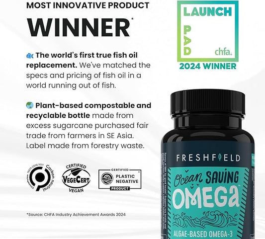 Ocean Saving Omega, Algae Omega 3, DHA Supplement, 2-Month Supply, Sustainably Sourced, Highest Levels of DHA per Capsule (440 mg), w/DPA