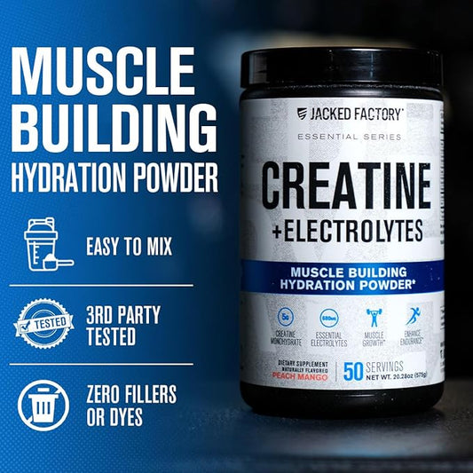 Jacked Factory Creatine + Electrolytes - Creatine Monohydrate with Taurine, Calcium, Sodium, & Potassium to Increase Muscle Growth, Strength, Hydration, & Endurance - 50 Servings, Peach Mango