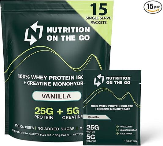Travel Whey Protein Isolate Packets – Single-Serve Protein Powder – 25g Protein + 5g Creatine – Vanilla (15-Pack)