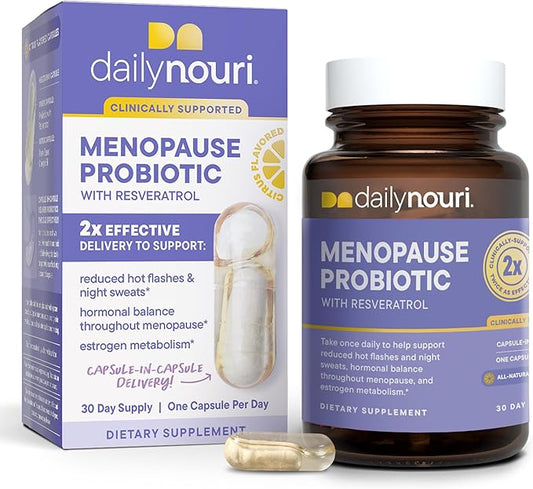 Daily Nouri Menopause Probiotic | Supports Hormonal Balance, Estrogen, Hot Flashes, Night Sweats, Bloating & Gut Health | 3 Clinically Studied Strains + Resveratrol & Vegan Omega Oil | 30-Day Supply