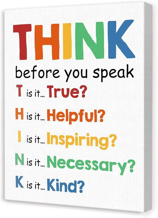 Mental Health Wall Decor,Think Before You Speak Wall Art,Therapy Office Wall Decor,Inspirational Canvas Wall Art for Classroom Counseling Office Homeschool