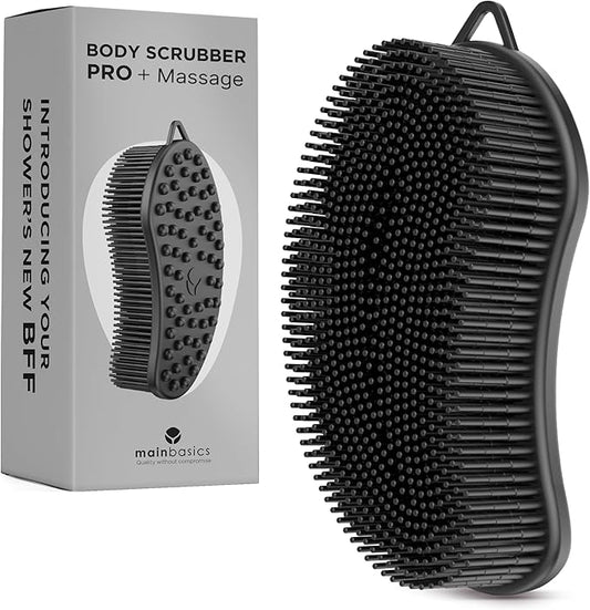 MainBasics Silicone Body Scrubber – Dual-Sided Shower Scrubber with Massage Nodes, Silicone Loofah Alternative for Deep Clean (Black, Massage)