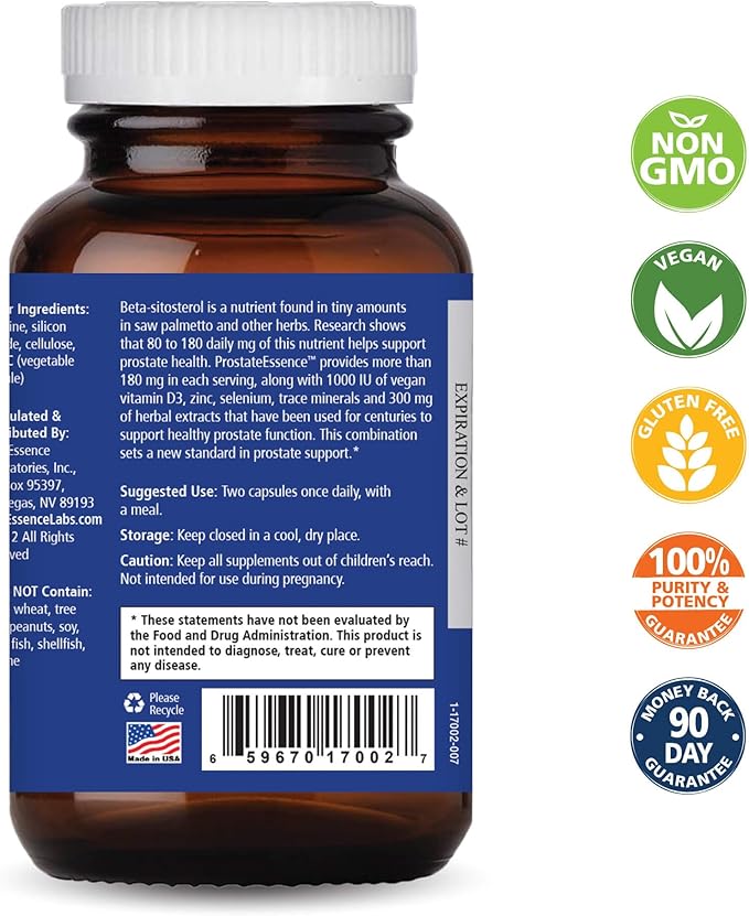 Pure Essence Labs Prostate Essence w/Vitamin D3, Selenium, Zinc Supplements and More - Mens Vitamins and Herbal Supplement for Prostate Health w/Beta Sitosterol - 60 Caps for Men