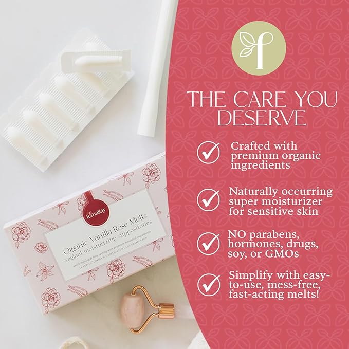 Femallay Organic Vaginal Moisturizing Suppository Melts - 100% Natural Suppositories for Vaginal Odor and Dryness Relief, Ultra-Hydrating Fast-Acting Comfort (Vanilla Rose)