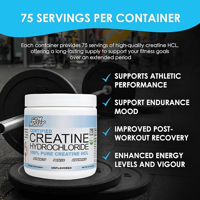 Gym Molly Creatine Hydrochloride Powder, Highly Soluble Creatine Hydrochloride, Unflavoured, Vegan, Workout Supplement for Men and Women, Muscle Builder Creatine Supplement (75 Servings, 750mg)