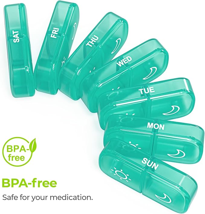 AUVON XL Weekly Pill Organizer 2 Times a Day, Pill Box 7 Day with One-Side Large Openings for Easy to Use, Cyan AM PM Pill Case for Medication, Vitamins, Fish Oils, Supplements