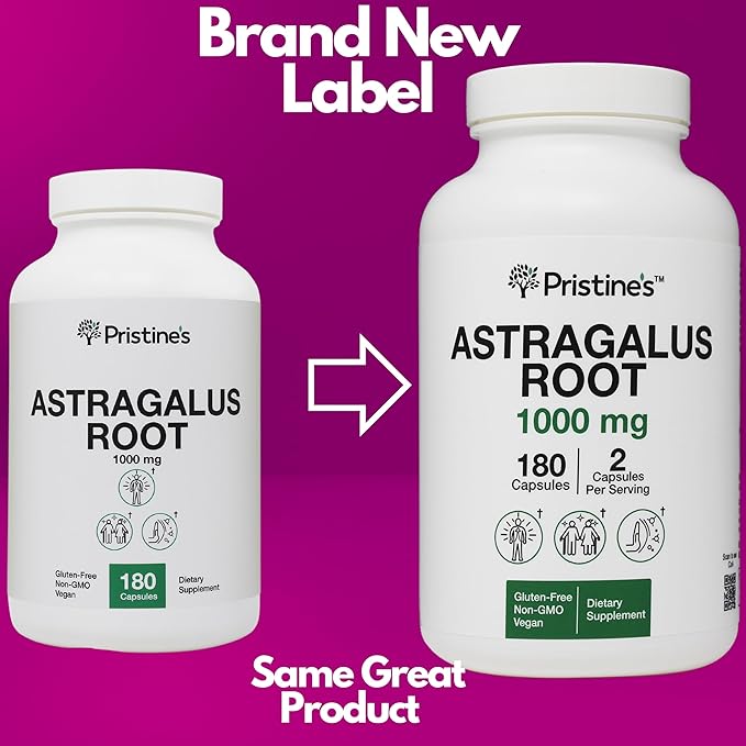 PRISTINE'S Astragalus Root Immune Support Supplement Capsules -1000mg 90 Day Supply Herbal Adaptogen - Healthy Aging, Heart & Lung Health