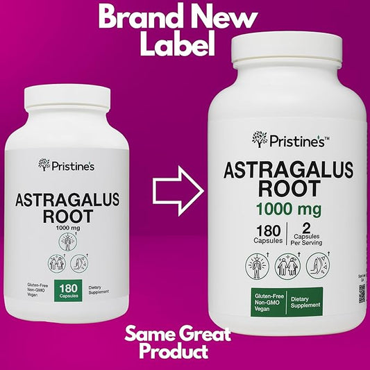 PRISTINE'S Astragalus Root Immune Support Supplement Capsules -1000mg 90 Day Supply Herbal Adaptogen - Healthy Aging, Heart & Lung Health