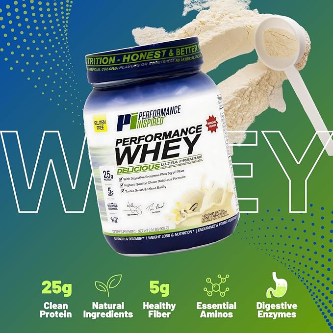 PERFORMANCE INSPIRED Nutrition WHEY Protein Powder – All Natural – 25G Protein – BCAAs – Digestive Enzymes – Fiber Packed – Natural Vanilla – 2lb
