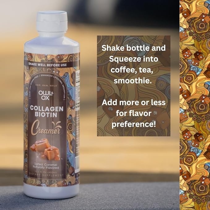 Collagen Coffee Creamer by Owl & Ox – Biotin-Infused for Healthy Hair, Skin & Nails | Keto, Dairy-Free, Sugar-Free, Gluten-Free | Liquid Salted Caramel | 30 Servings