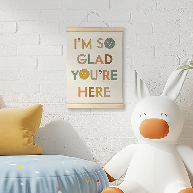 Nrleey I'm So Glad You're Here Wall Decor with Wooden Poster Hanger - Boho Classroom Decor, Positive Affirmations Motivational Wall Art Posters for Classroom, Teacher Gifts, 12x16 Inch