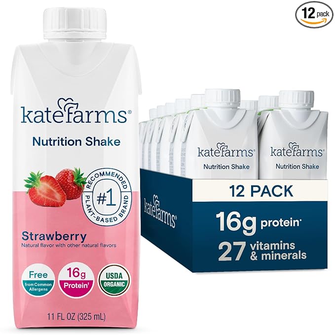 Kate Farms Organic Nutrition Shake, Strawberry, 16g Protein, 27 Vitamins and Minerals, Meal Replacement, 11 oz, 12 Pack