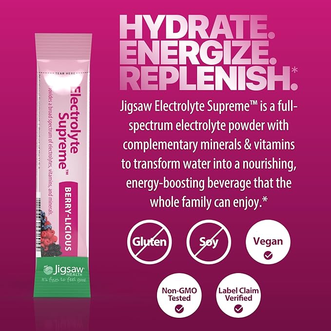 Jigsaw Health Electrolyte Supreme | Broad Spectrum of Electrolytes + Trace Minerals | Berry-Licious Flavor | 60 Servings (Packets)