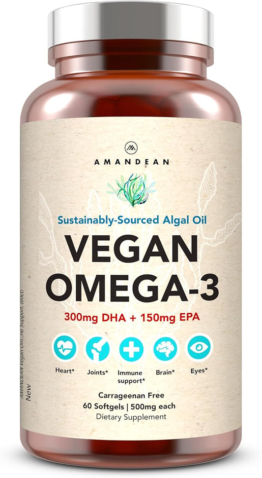 AMANDEAN Vegan Omega 3 Supplement. Premium Fish Oil Alternative. Algae DHA & EPA. Carrageenan Free Softgels. Algal Essential Fatty Acids. Plant Based Heart, Brain, Eye, Skin, Immune Support. (60ct)