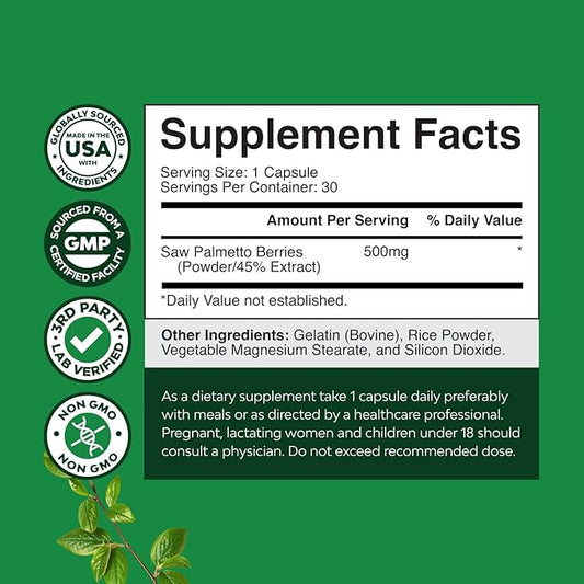 Extra Strength Saw Palmetto Extract - Advanced Herbal Complex for Hair Health and Urinary Support with Plant Sterols & Flavonoids - Potent Herbal Supplement with 500mg per Serving - 30 Capsules