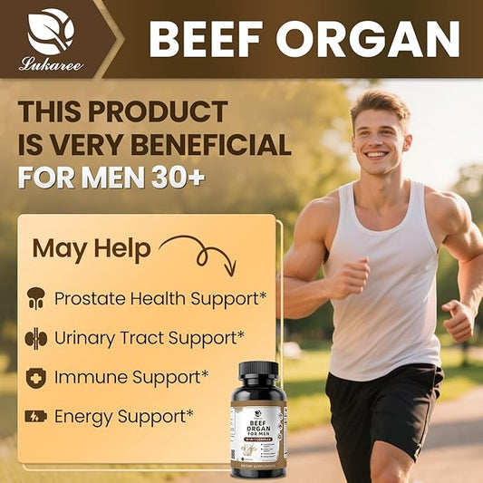 Beef Organ Supplement for Men, 14-in-1 Complex - Beef Liver, Kidney, Heart, Saw Palmetto, Chanca Piedra, Supports Prostate Health, Overall Wellness - Grass Fed & Pasture Raised - 120 Capsules