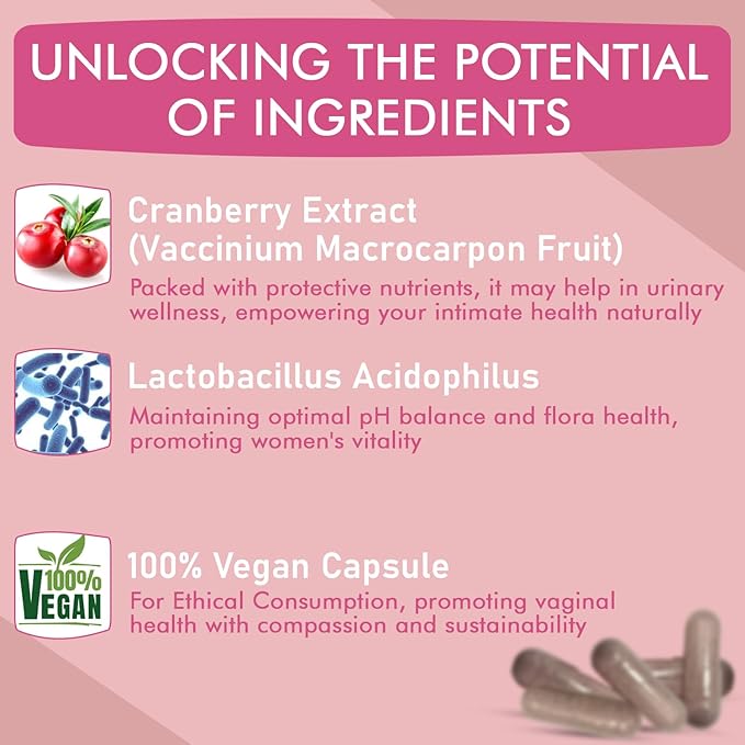 Vaginal Probiotics for Women pH Balance — Cranberry Extract Prebiotics & Lactobacillus Blend — Women’s Vaginal Health Supplement for Vaginal Odor & Vaginal Flora, Yeast Balance, 60 Capsules