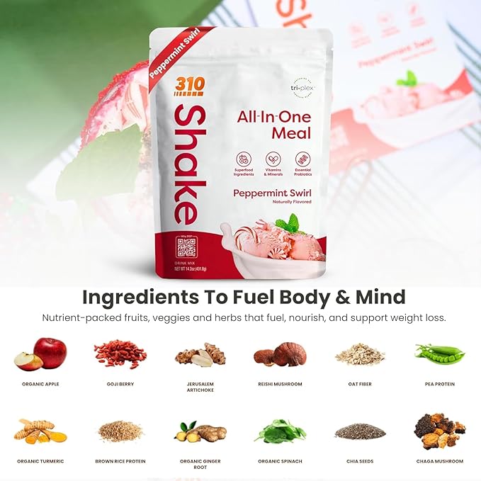 310 Nutrition All-In-One Meal Replacement Shake Powder - Plant-Based Protein Smoothie Blend w/High Fiber, Probiotics & Adaptogens - Low Carb, Vegan, Keto & Paleo Friendly - Peppermint Swirl - 14 Srv