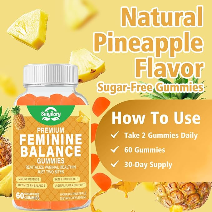 Feminine Balance Gummies for Women - Probiotics Vaginal Health & Women's pH Balance Gummy Supplement with Cranberry Pineapple Powder, Sugar Free Gluten Free Vegan, 60 Count