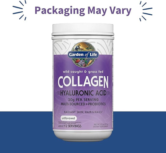 Garden of Life Marine & Grass-Fed Collagen Peptides Powder Supplement (Type I, III) with Probiotics, BCAAs & Hyaluronic Acid for Radiant Hair, Skin & Nails – Unflavored, 20g per Serving, 12 Servings