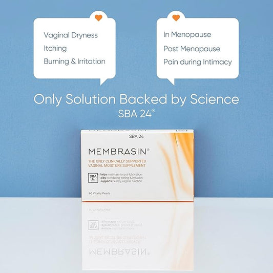 Membrasin Vaginal Moisture Support Vitality Pearls, Menopause Supplement for Vaginal Dryness & Itch, Estrogen-Free Supplement, 100% Natural Formula, Made with Sea Buckthorn Oil, 60 Oral Softgels