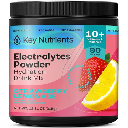KEY NUTRIENTS Electrolytes Powder No Sugar - Juicy Strawberry Lemonade Electrolyte Powder - Hydration Powder - No Calories, Gluten Free Keto Electrolytes Powder - 90 Servings - Made in USA