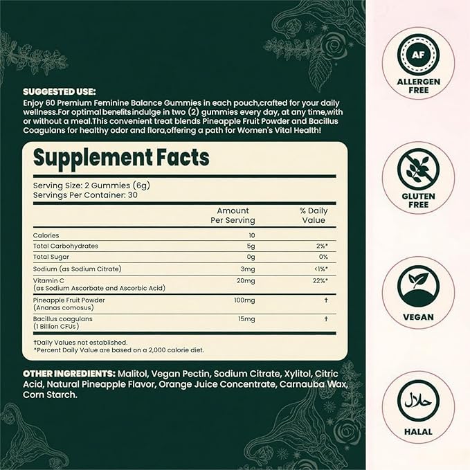 Vital Source Feminine Balance Gummies for Women, Hawaiian Pineapple Flavor, pH Balance Support, Gluten-Free Vegan Probiotic, 60 Count