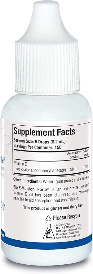 Biotics Research Bio E Mulsion Forte 1 Fliud Ounces, 30 ml Vitamin E 30 IU / 5 Drops, Emulsified, Supports Cell Function, Potent Antioxidant Supports Immune Function, Heart Health, 1 Fluid Ounces