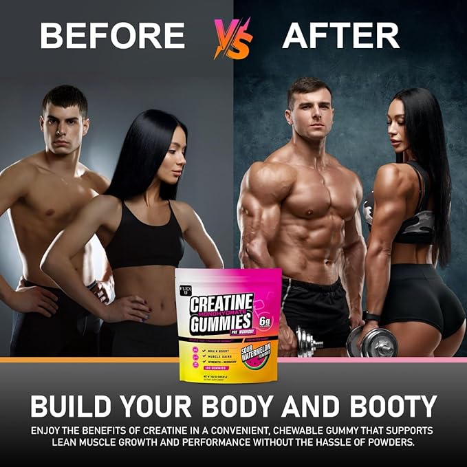Creatine PreWorkout Gummies for Men Women 6g, Creatine Monohydrate Pre Post Workout Recovery Muscle Building Supplement Protein Chewables, Vegan Watermelon Creatina Gym Booty Growth Gains (120 Ct)