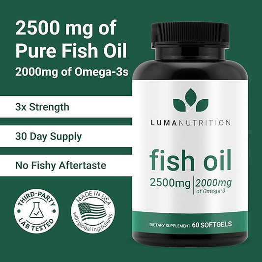 Luma Nutrition Omega 3 Fish Oil Supplement - Extra Strength 2500mg - 2000mg EPA & DHA - Brain and Heart Health - 60 Softgels
