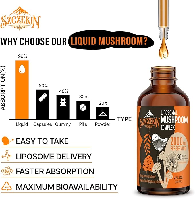 Liposomal Mushroom Complex Drops 2000 MG - 20 Organic Mushroom Extracts - Advanced Liquid Formula for Immunity, Cognitive and Memory - Lions Mane Supplement, Reishi, Cordyceps, Chaga, 90 Servings