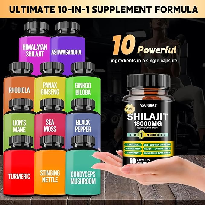 Shilajit Capsules 18000mg with Ashwagandha, Rhodiola Rosea, Panax Ginseng, Cordyceps, Turmeric, Ginkgo, Fulvic Acid Trace Minerals Supplement for Men & Women 60 Count Non-GMO Gluten-Free