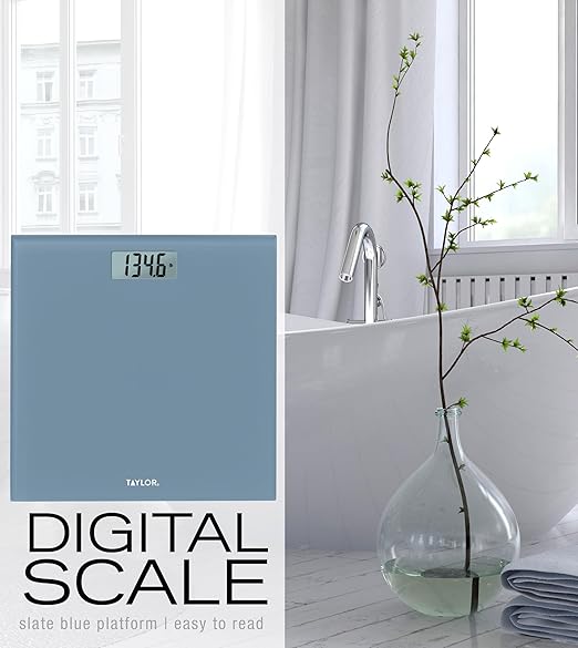 Taylor Digital Glass Bathroom Scale for Body Weight, Accurate High Precision and Durable Platform, Digital Weighing Machine for People, Easy-to-Read Display, 350 lb Capacity, Slate Blue