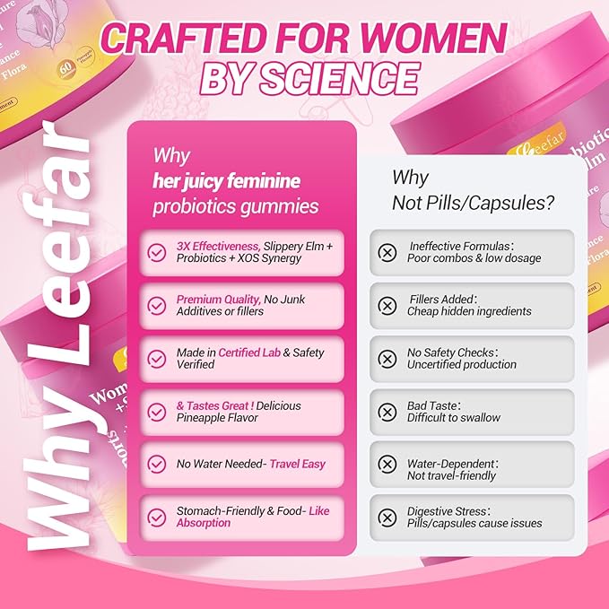 Her Juicy Feminine Probiotics Gummies, Premium Feminine Balance Gummies with Slippery Elm for Women's pH Balance and Freshness - Women Probiotic Pineapple Gummies 30-Day Supply