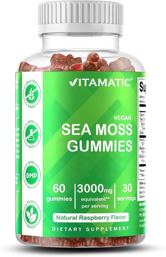 Vitamatic Irish Sea Moss Gummies – 3000mg Equivalent Per Serving (from Extract 132.5mg) – 60 Ct Made with Bladderwrack & Burdock Root – Seamoss Supplement for Thyroid, Energy & Immune Support