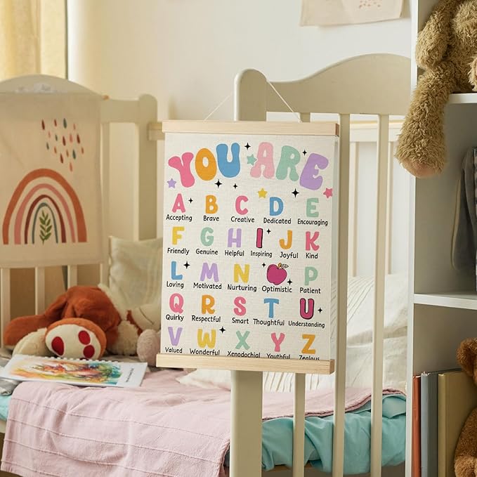 Nrleey inspirational Alphabet Wall Decor - ABC Educational Wall Art With Wooden Poster Hanger, Alphabet Wall Art Decor for Classroom Nursery Kids Room Playroom, 12x16 Inch