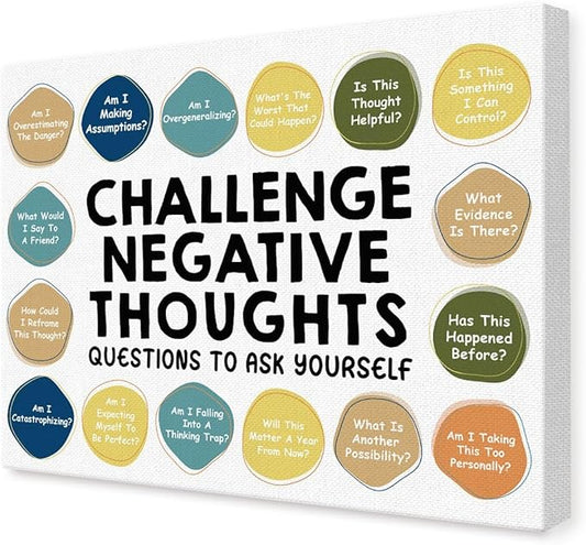 Mental Health Wall Decor,Challenge Negative Thoughts Wall Art,Therapy Office Wall Decor,Inspirational Canvas Wall Art for Classroom Psychologist Office Home