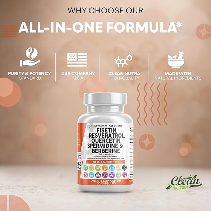 Clean Nutraceuticals Fisetin Quercetin Resveratrol with Spermidine Wheat Germ Extract - Health Supplement for Adults Longevity with Berberine, Collagen, Rhodiola, Apigenin