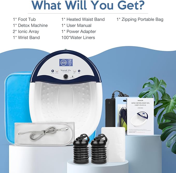 Ionic Foot Bath Detox Machine, Ion Detox Foot Bath Cleanse, LED Display Spa with Heated Belt, Wrist Strap, Arrays, Liners (Portable Handbag)