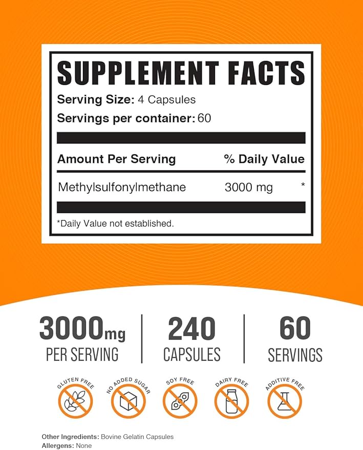 BulkSupplements.com MSM Capsules - Methylsulfonylmethane, MSM 3000mg - Joint Supplements, Gluten Free, 4 Capsules per Serving, 240 Count (Pack of 1)