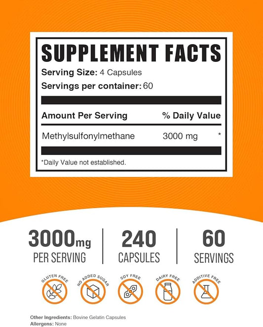 BulkSupplements.com MSM Capsules - Methylsulfonylmethane, MSM 3000mg - Joint Supplements, Gluten Free, 4 Capsules per Serving, 240 Count (Pack of 1)