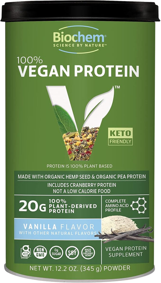 Biochem Vegan Protein Powder – 20g Plant-Based Protein for Muscle Support – Organic Pea, Hemp & Cranberry Protein – Low Carb, Low Fat, Gluten-Free, Non-GMO, Keto-Friendly – Vanilla Flavor – 12.2 oz