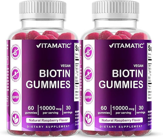 Vitamatic Biotin Gummies 10,000 mcg for Stronger Hair, Skin & Nails - 60 Vegan Gummies - Also Called Vitamin B7 (2 Bottles)