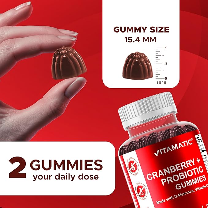 Vitamatic Vegan Cranberry Gummies with D-Mannose, Probiotics & Vitamin C – 25,000 mg Equivalent per Serving (from 50:1 Extract 500 mg) – 60 Count – Urinary Tract Health Support for Women