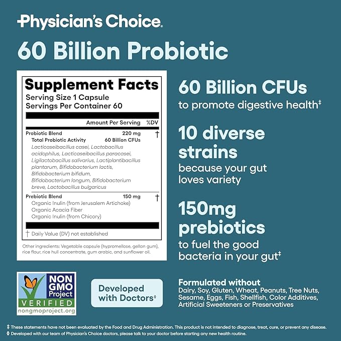 Physician's CHOICE Advanced Gut Health Bundle: 60 Billion Probiotics 60ct + Digestive Enzymes 180ct for Digestive, Gut, and Immune Health Supports Occasional Constipation, Diarrhea, Gas, and Bloating
