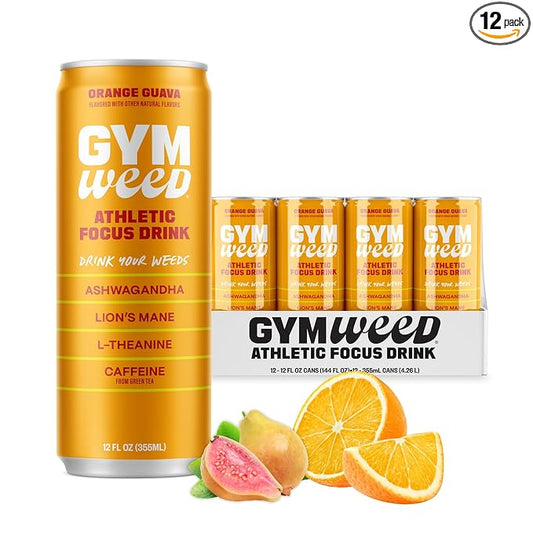 GYM WEED Athletic Focus Drink with KSM-66 Ashwagandha, Lion's Mane Mushroom, L-Theanine, 200mg Green Tea Caffeine with Natural Sweeteners Orange Guava Flavor, 12 Pack